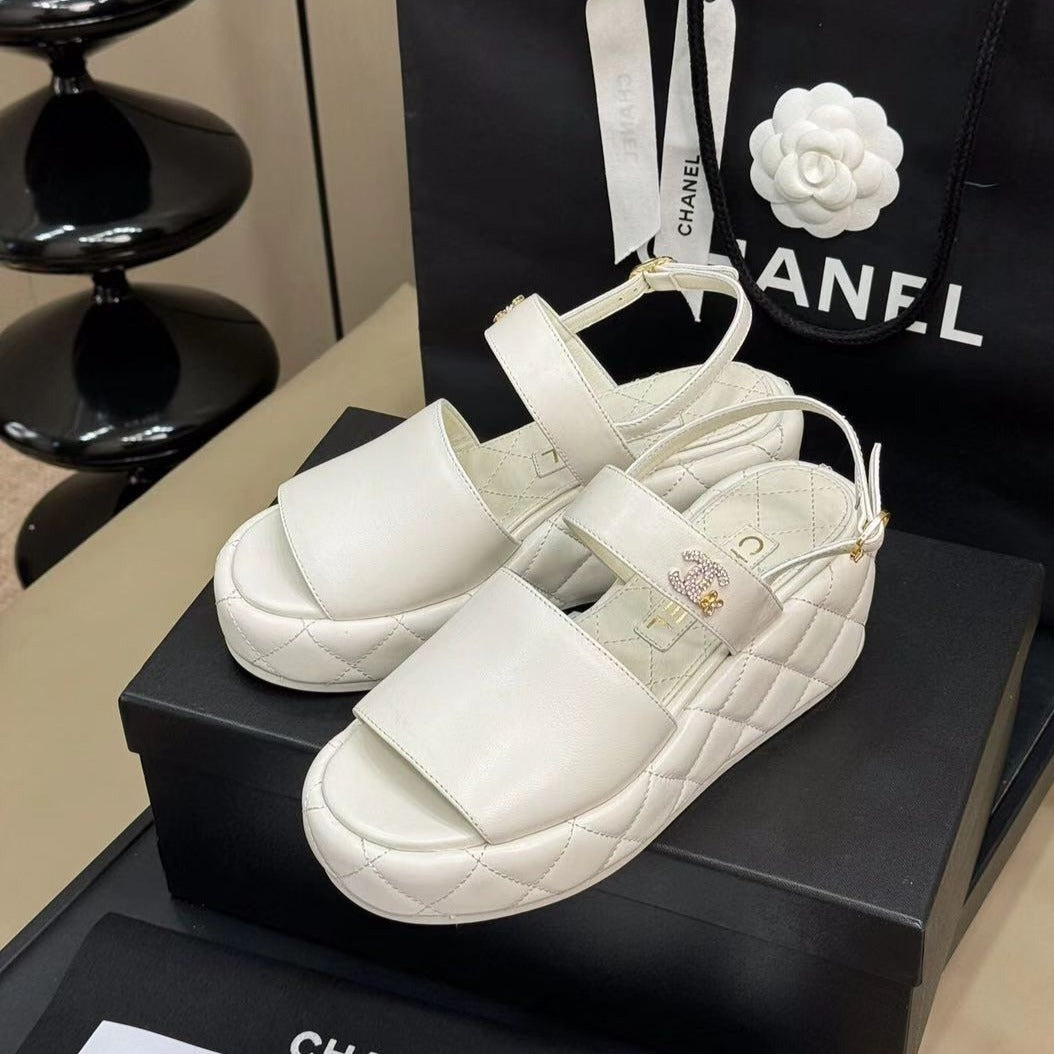 CHANEL HIGH WEDGE SANDALS IN WHITE LAMBSKIN