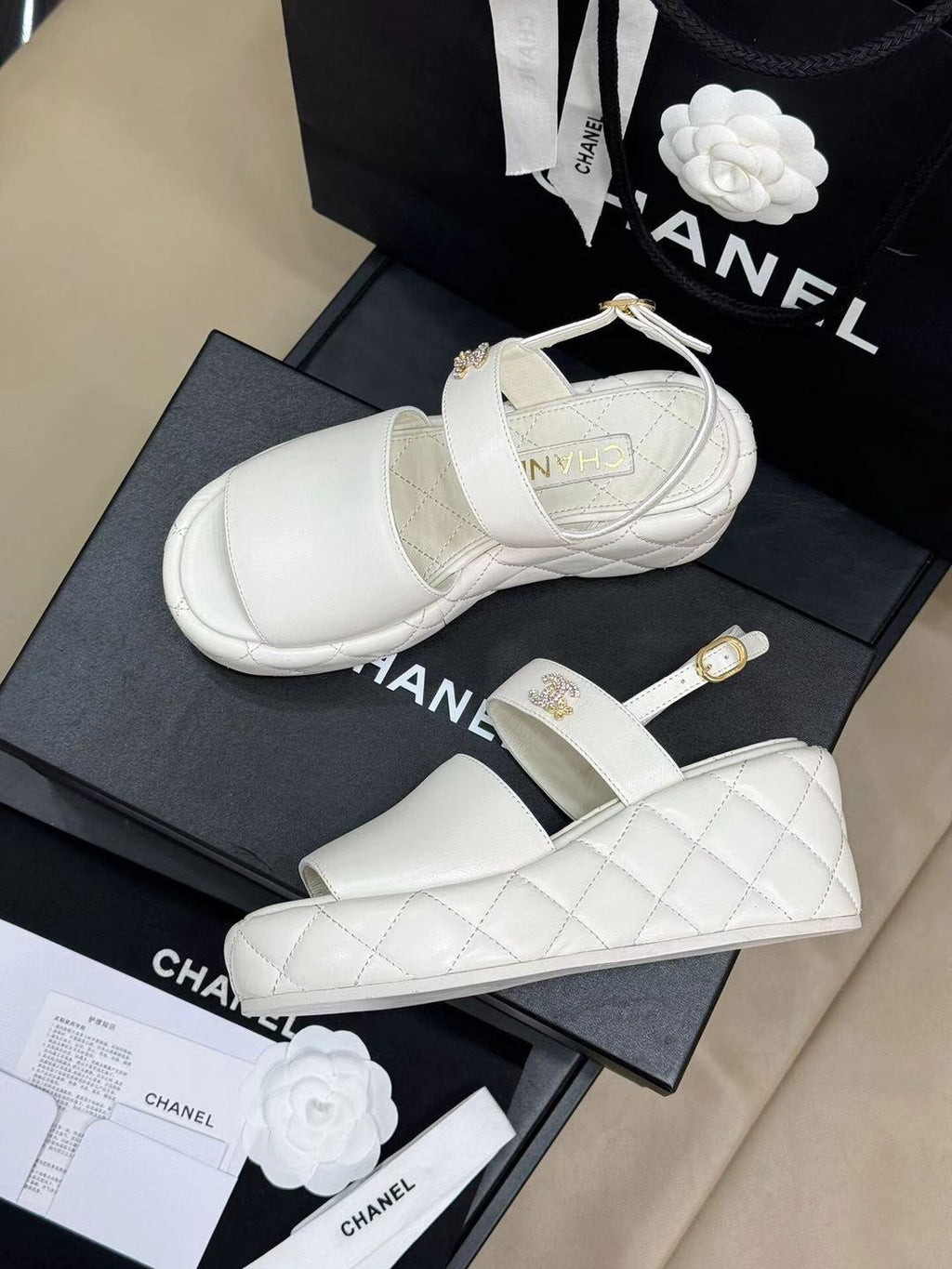 CHANEL HIGH WEDGE SANDALS IN WHITE LAMBSKIN
