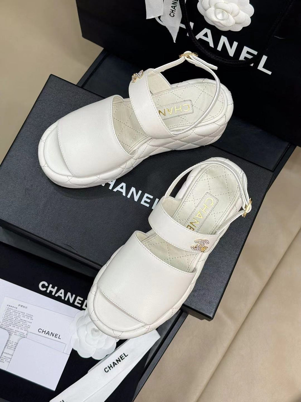 CHANEL HIGH WEDGE SANDALS IN WHITE LAMBSKIN