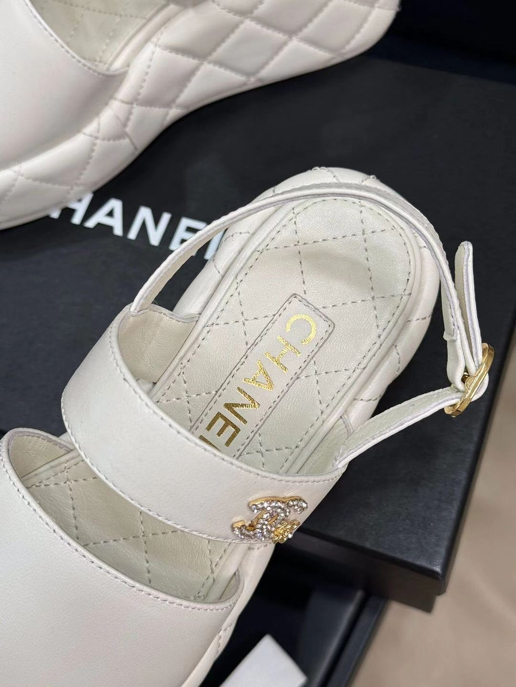 CHANEL HIGH WEDGE SANDALS IN WHITE LAMBSKIN