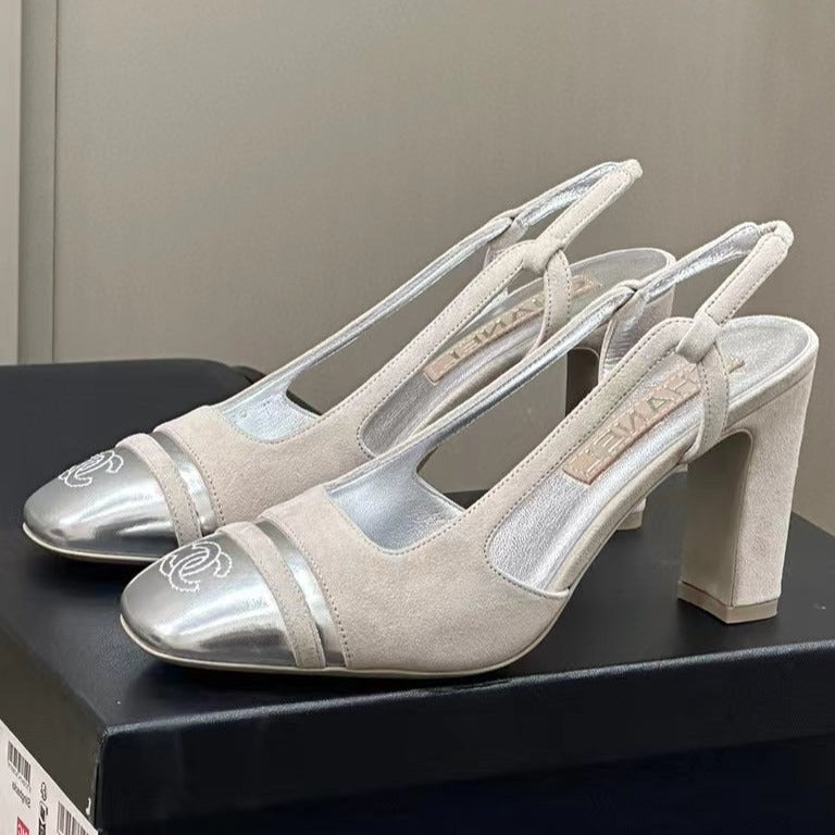 CHANEL HIGH SLINGBACKS IN GREY SUEDE AND SILVER LAMBSKIN