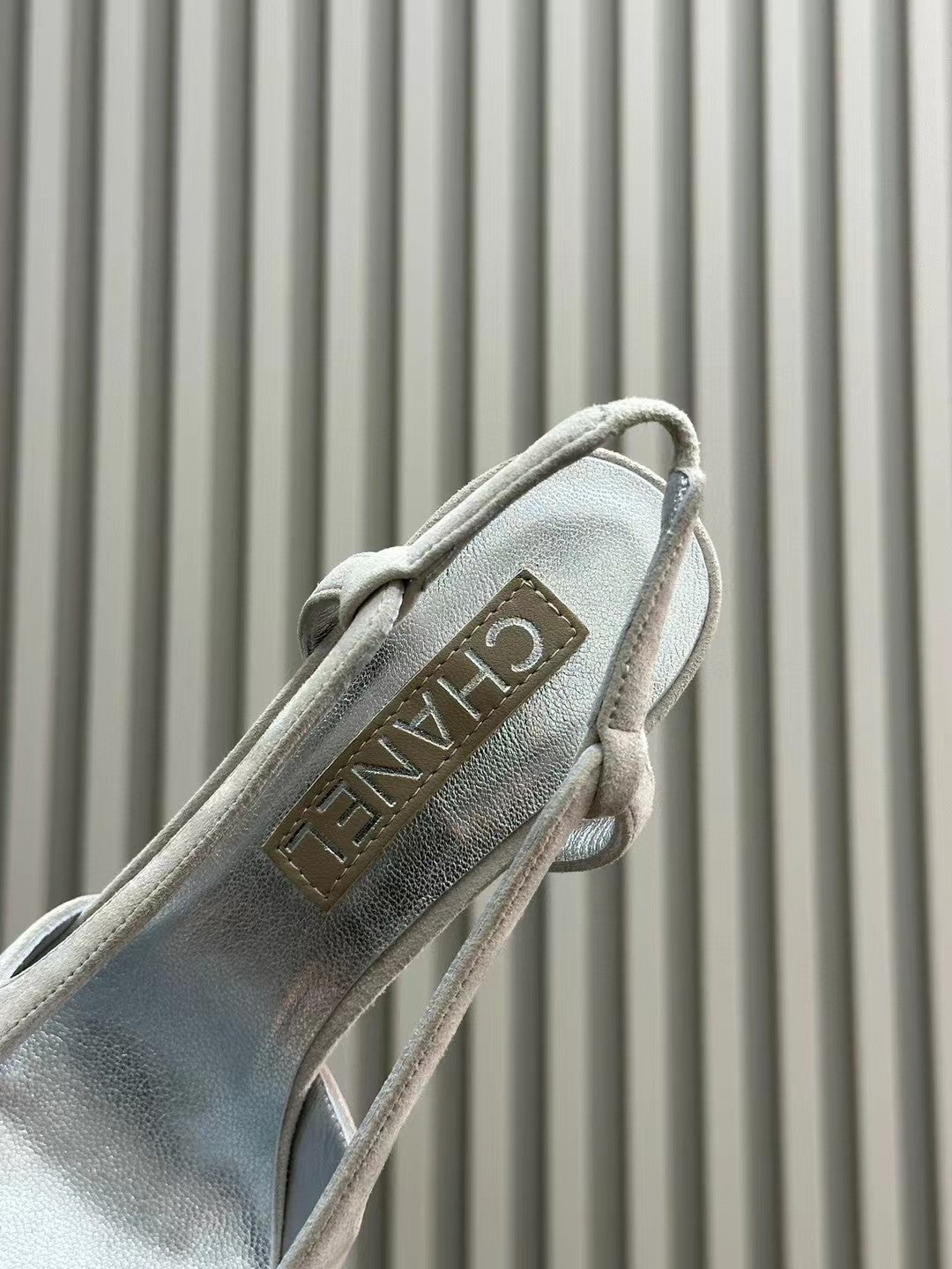 CHANEL HIGH SLINGBACKS IN GREY SUEDE AND SILVER LAMBSKIN