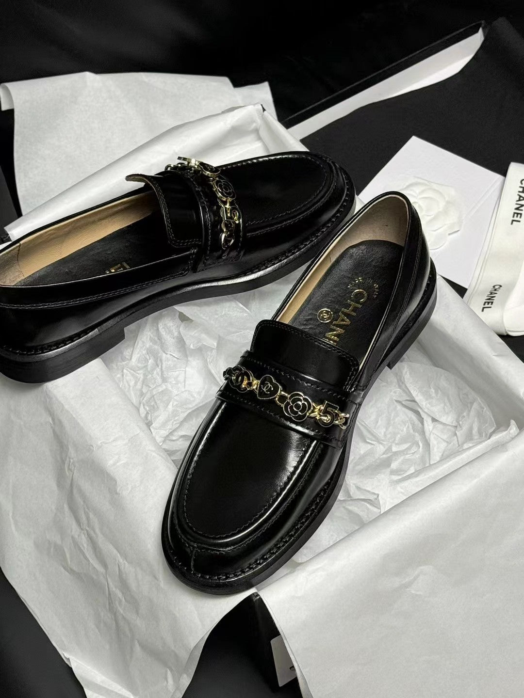 CHANEL LOAFERS BLACK QUILTED CALFSKIN