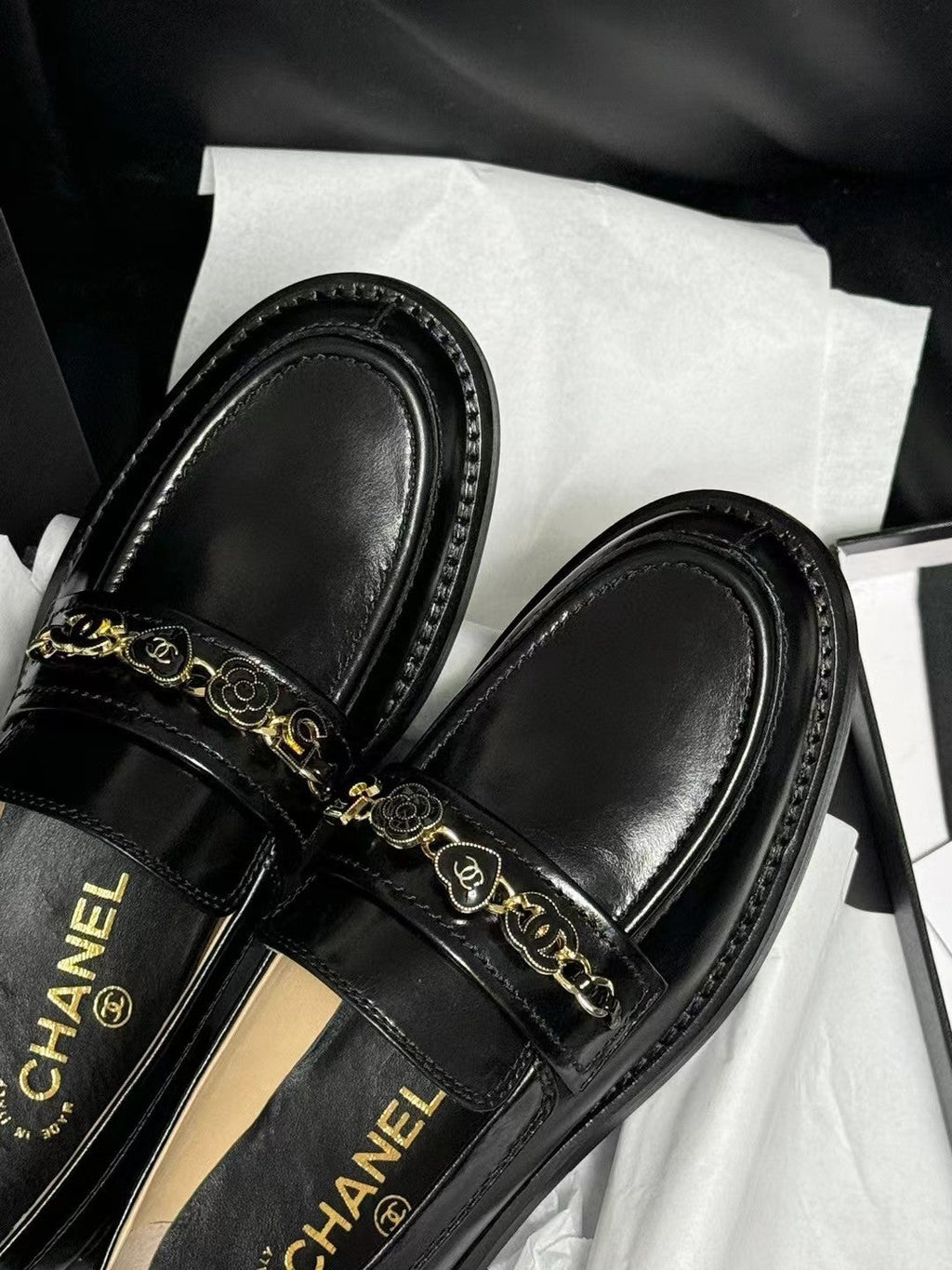 CHANEL LOAFERS BLACK QUILTED CALFSKIN