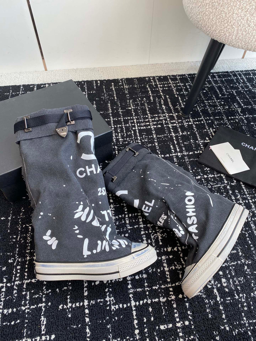 CHANEL HIGH BOOTS IN BLACK CANVAS