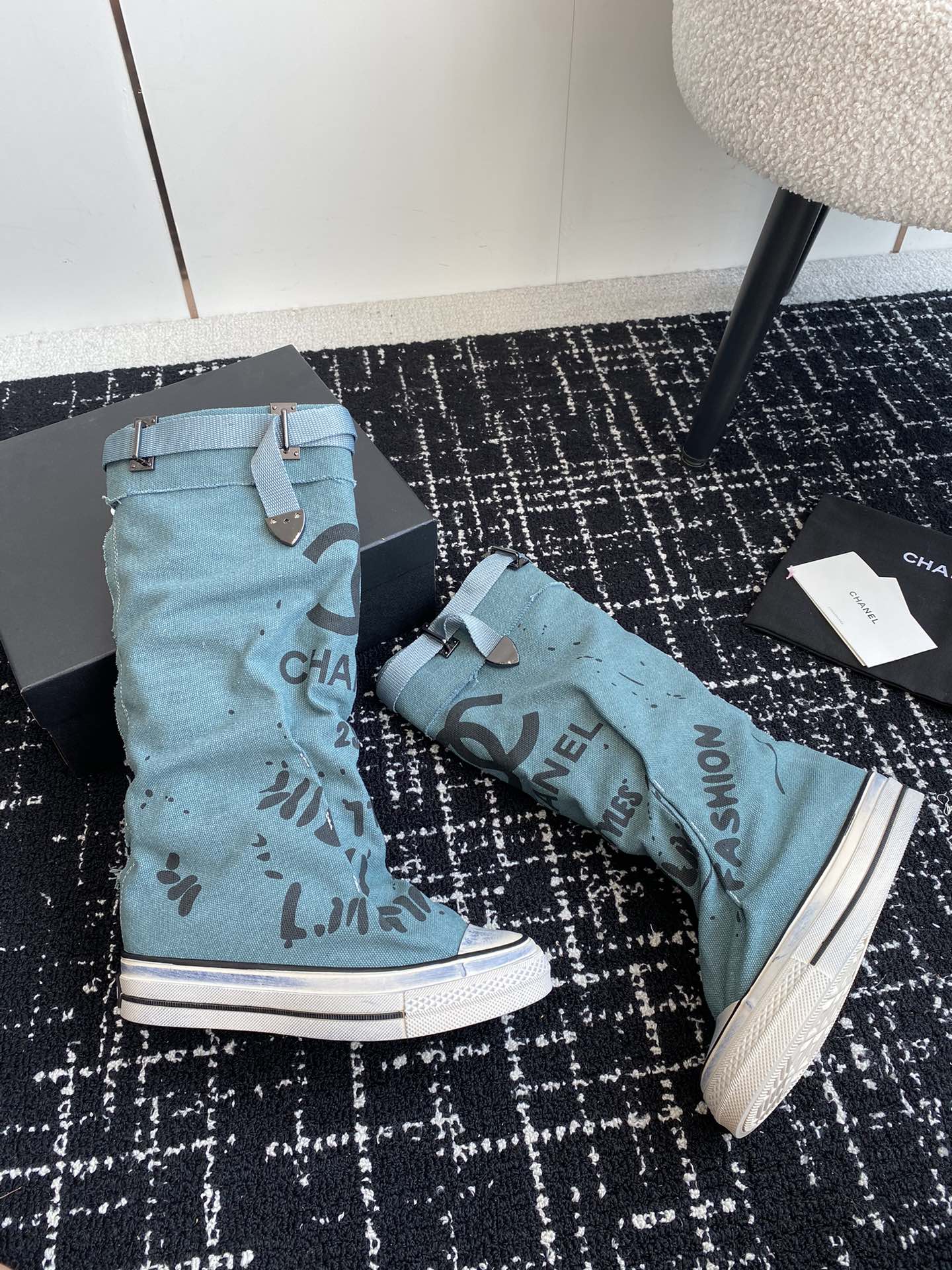 CHANEL HIGH BOOTS IN SAPPHIRE BLUE CANVAS