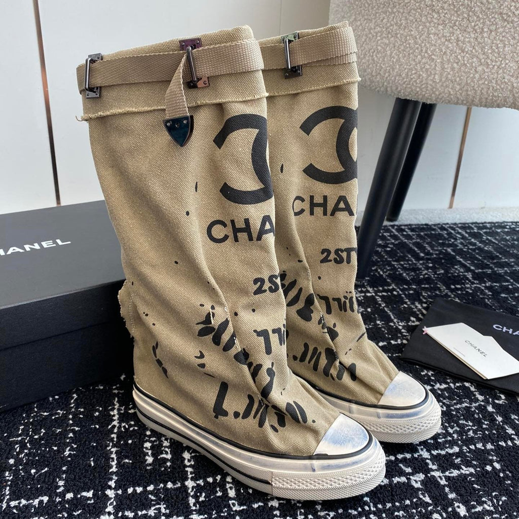 CHANEL HIGH BOOTS IN TORTILLA BROWN CANVAS