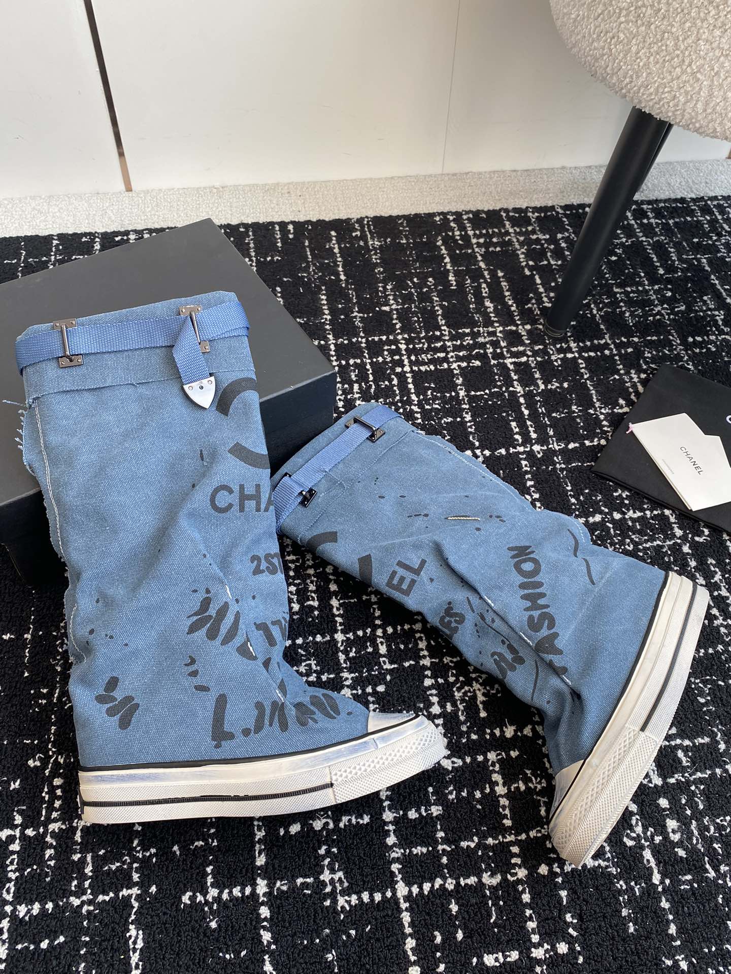 CHANEL HIGH BOOTS IN OCEAN BLUE CANVAS