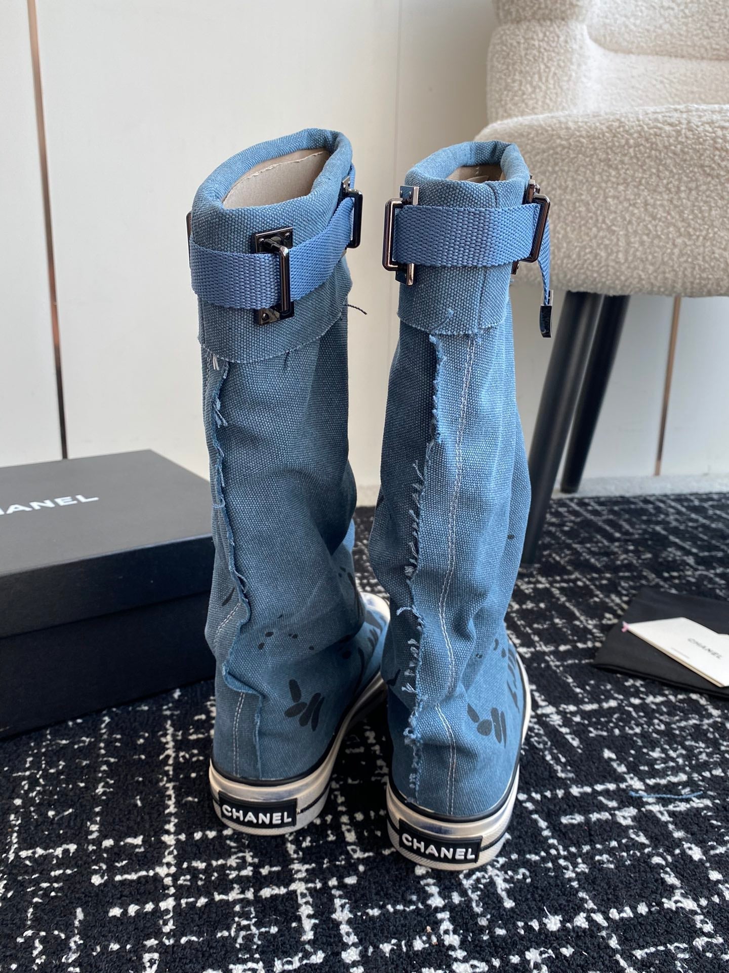 CHANEL HIGH BOOTS IN OCEAN BLUE CANVAS