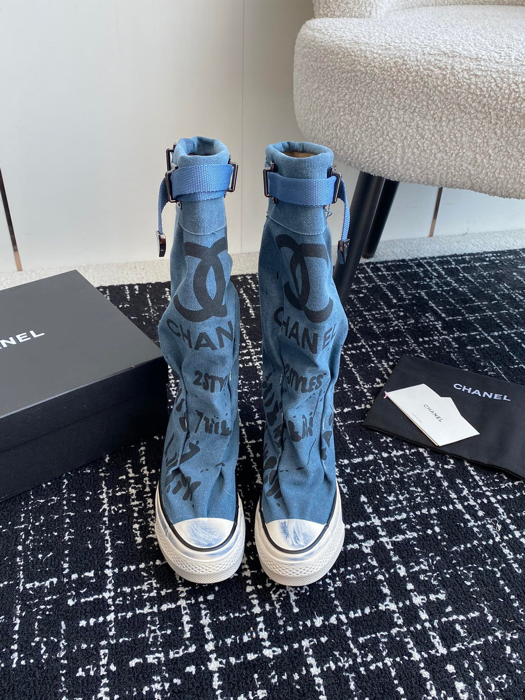 CHANEL HIGH BOOTS IN OCEAN BLUE CANVAS