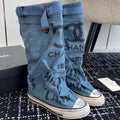 CHANEL HIGH BOOTS IN OCEAN BLUE CANVAS
