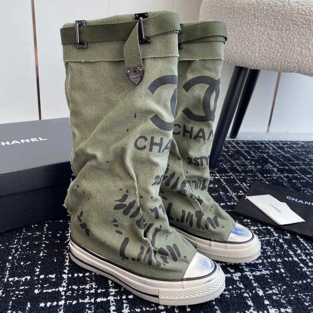CHANEL HIGH BOOTS IN ARMY GREEN CANVAS