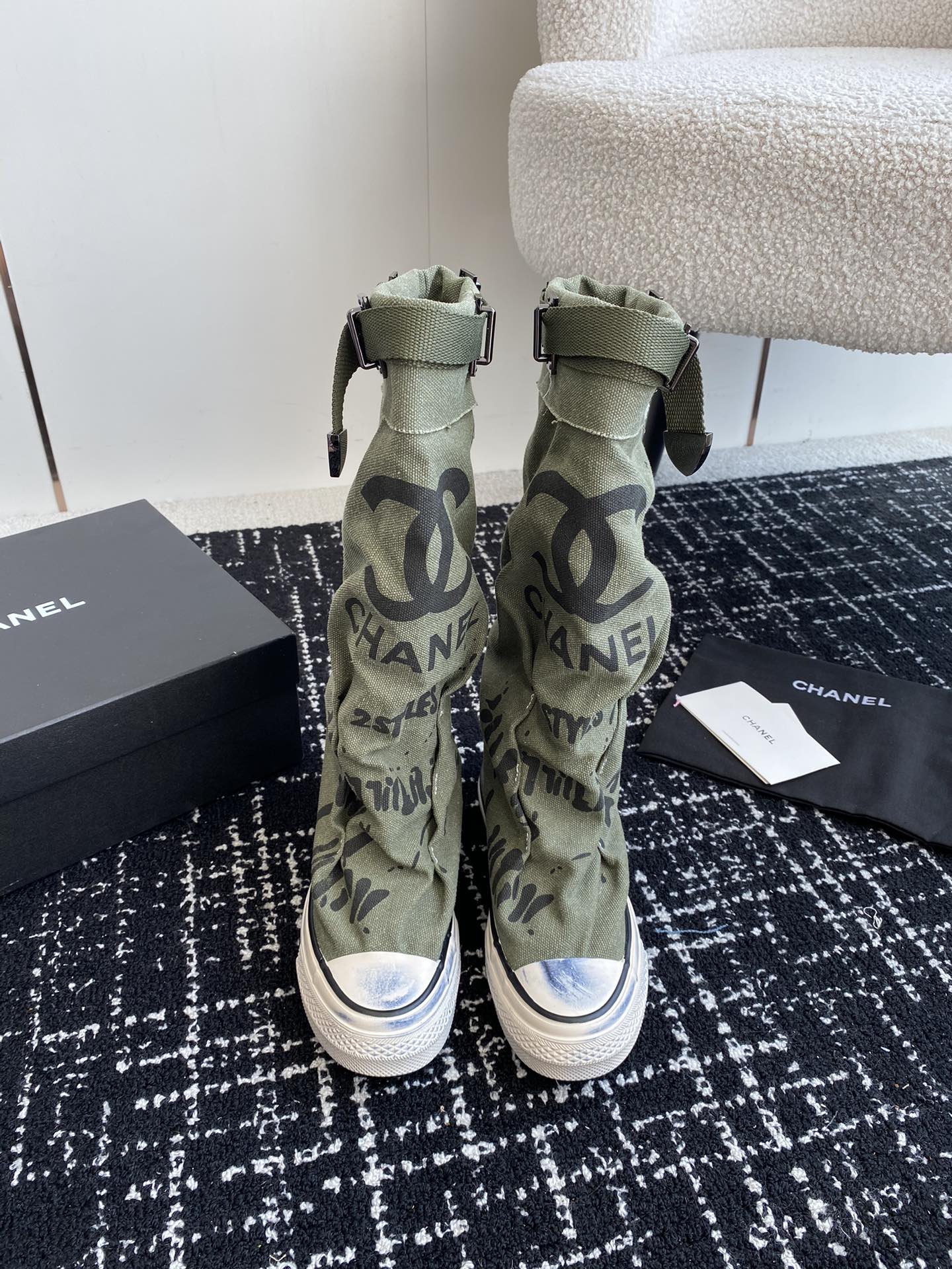 CHANEL HIGH BOOTS IN ARMY GREEN CANVAS