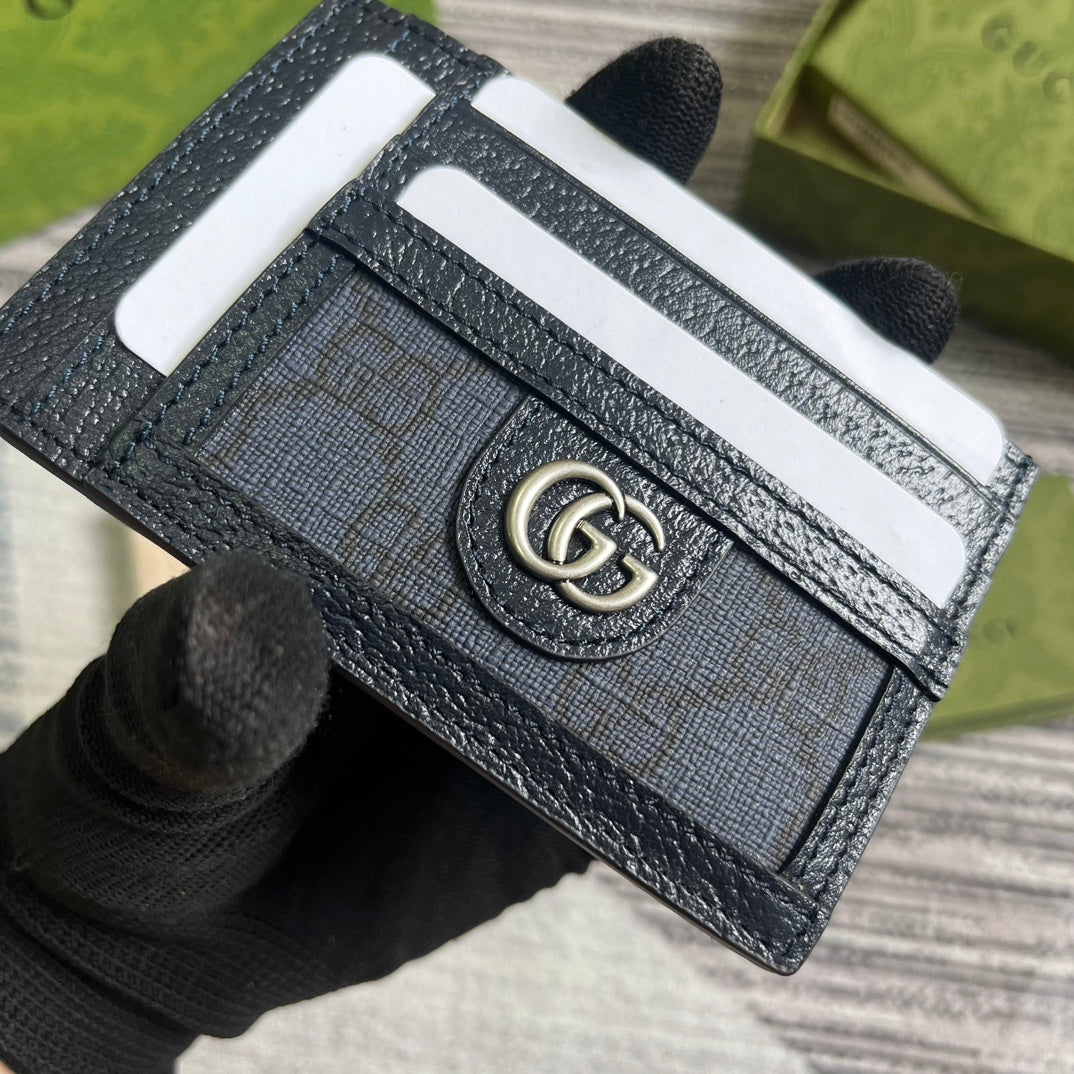 GUCCI OPHIDIA  11 CARD CASE DARK BLUE CANVAS AND BLACK CALFSKIN