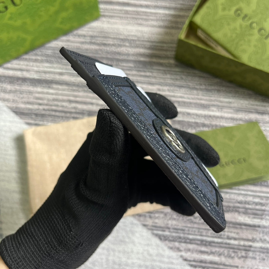 GUCCI OPHIDIA  11 CARD CASE DARK BLUE CANVAS AND BLACK CALFSKIN