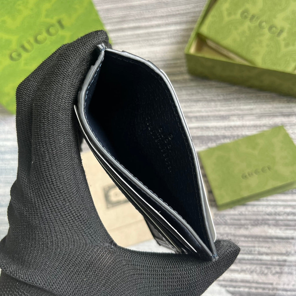 GUCCI OPHIDIA  11 CARD CASE DARK BLUE CANVAS AND BLACK CALFSKIN
