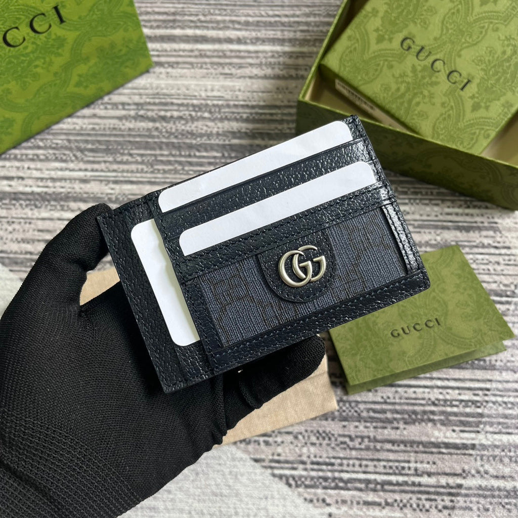 GUCCI OPHIDIA  11 CARD CASE DARK BLUE CANVAS AND BLACK CALFSKIN