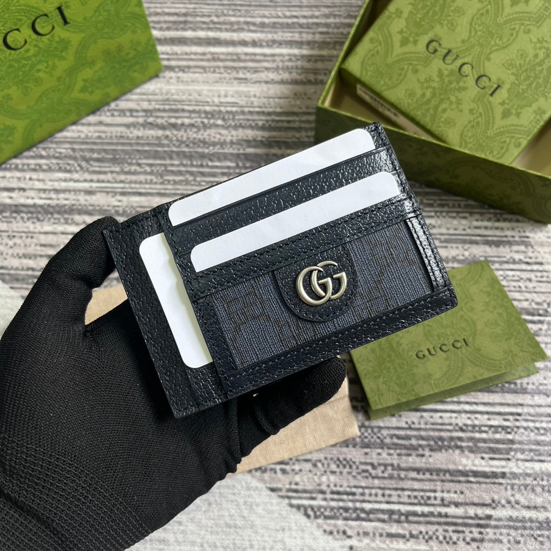 GUCCI OPHIDIA  11 CARD CASE DARK BLUE CANVAS AND BLACK CALFSKIN