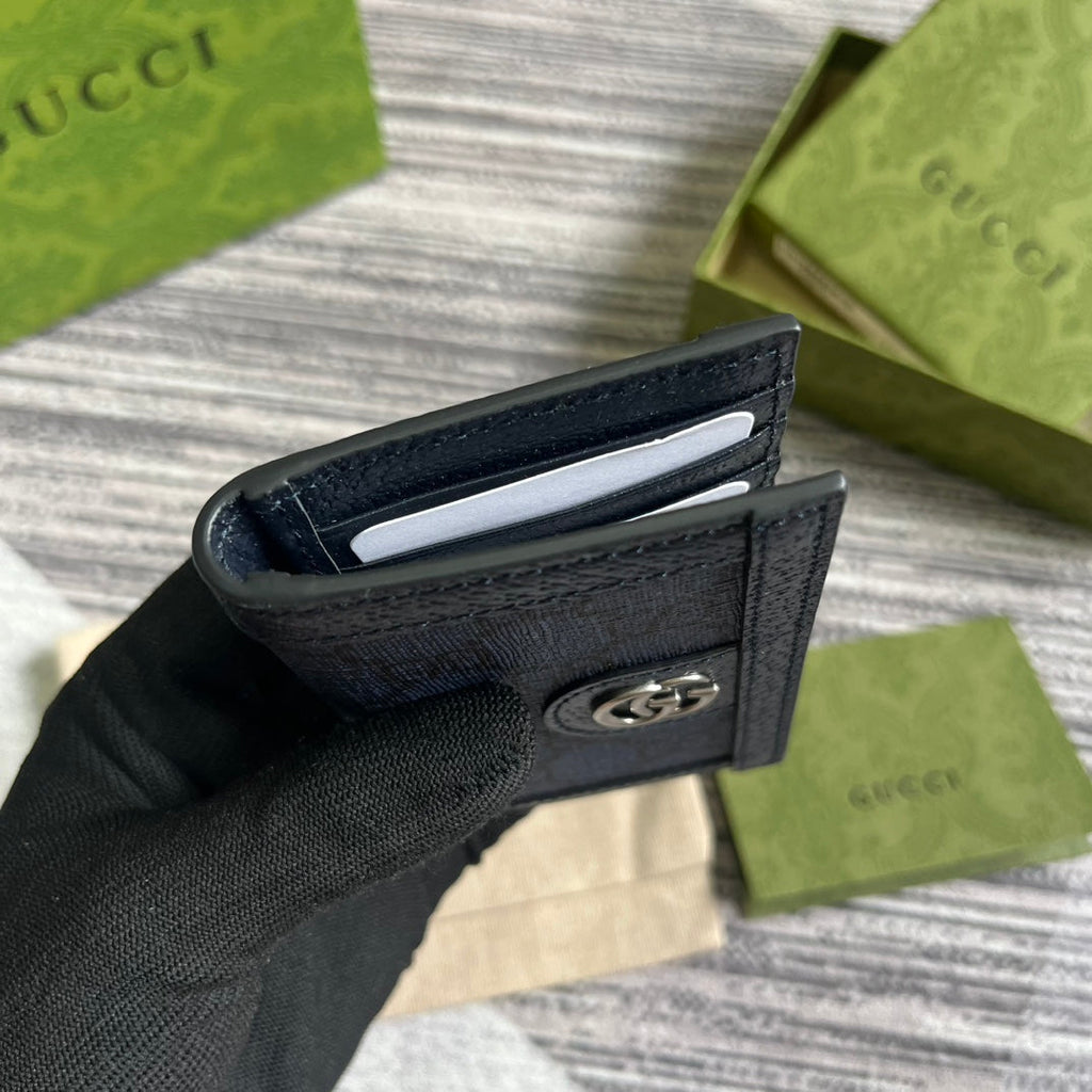 GUCCI OPHIDIA  12 CARD CASE DARK BLUE CANVAS AND BLACK CALFSKIN