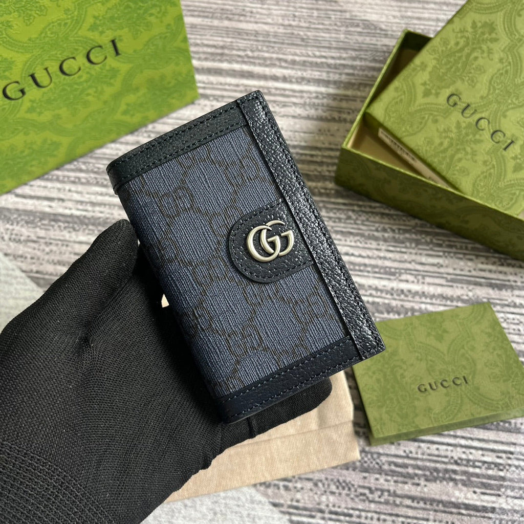GUCCI OPHIDIA  12 CARD CASE DARK BLUE CANVAS AND BLACK CALFSKIN