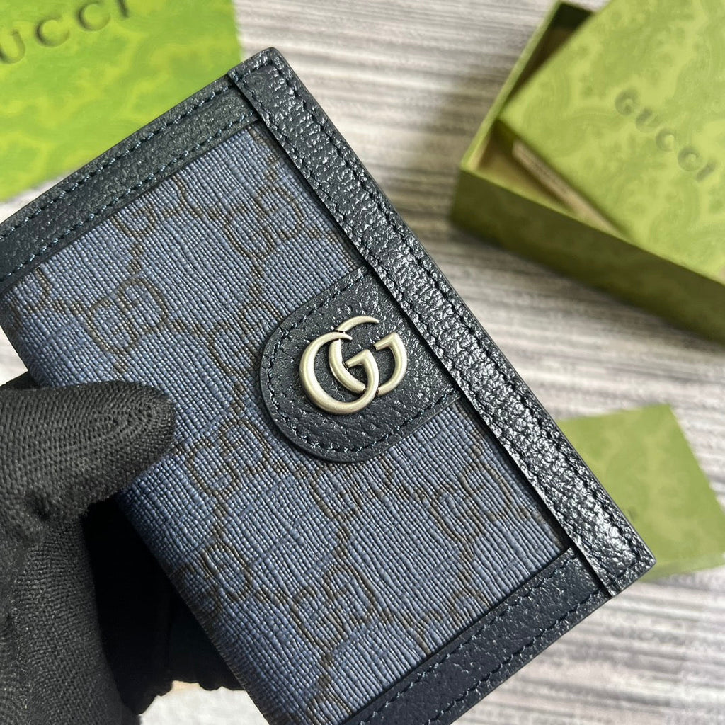 GUCCI OPHIDIA  12 CARD CASE DARK BLUE CANVAS AND BLACK CALFSKIN