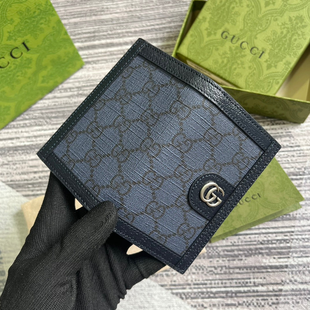 GUCCI OPHIDIA  12 CARD CASE DARK BLUE CANVAS AND BLACK CALFSKIN