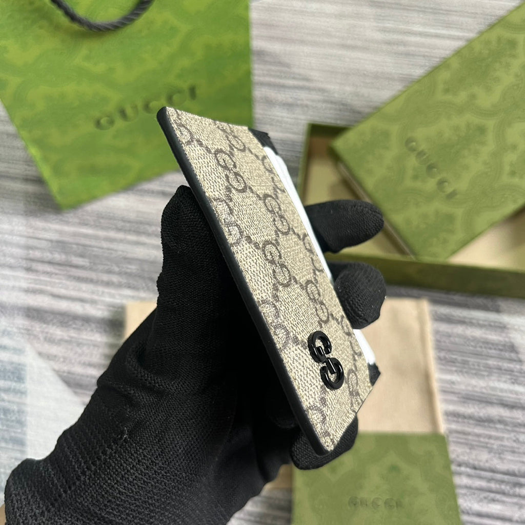 GUCCI CARD CASE 11 WITH  DETAIL IN BEIGE BROWN CALFSKIN