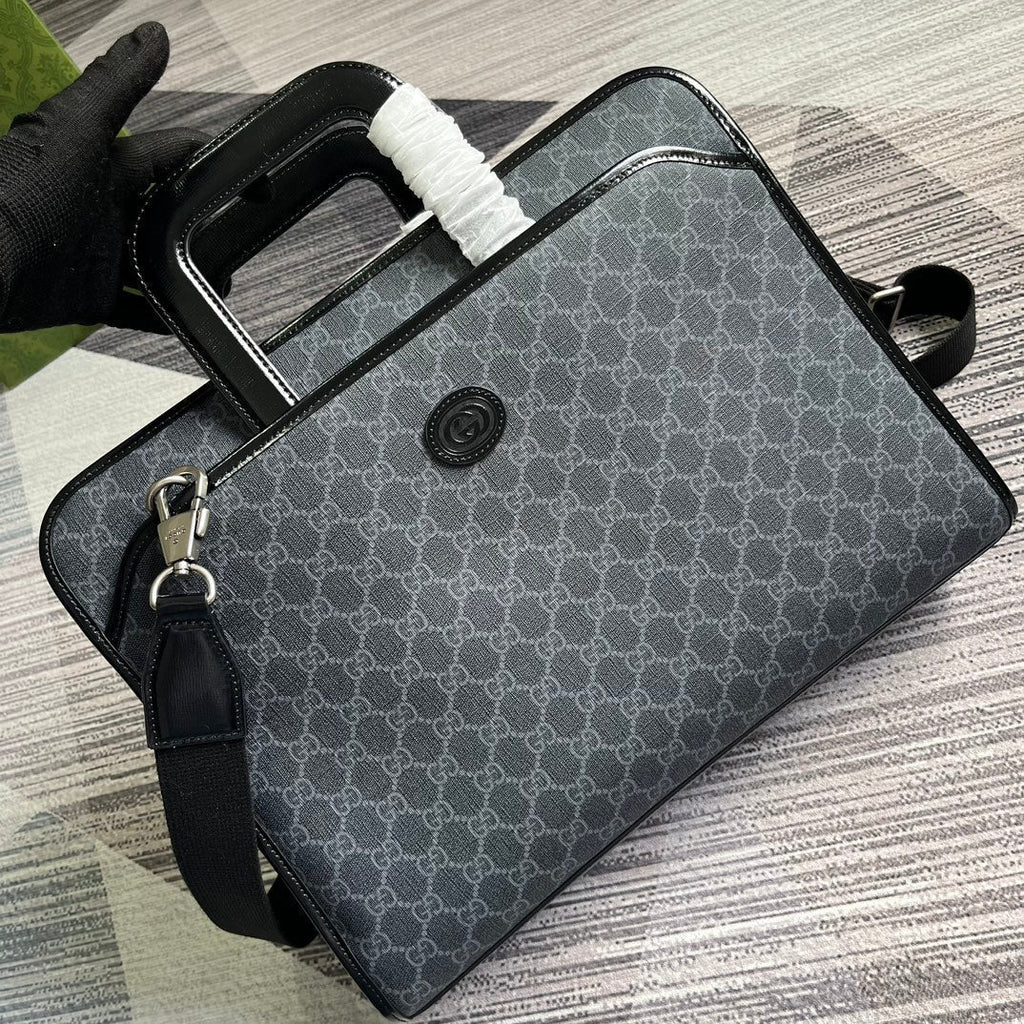 GUCCI BRIEFCASE 40 WITH INTERLOCKING G BLACK CANVAS