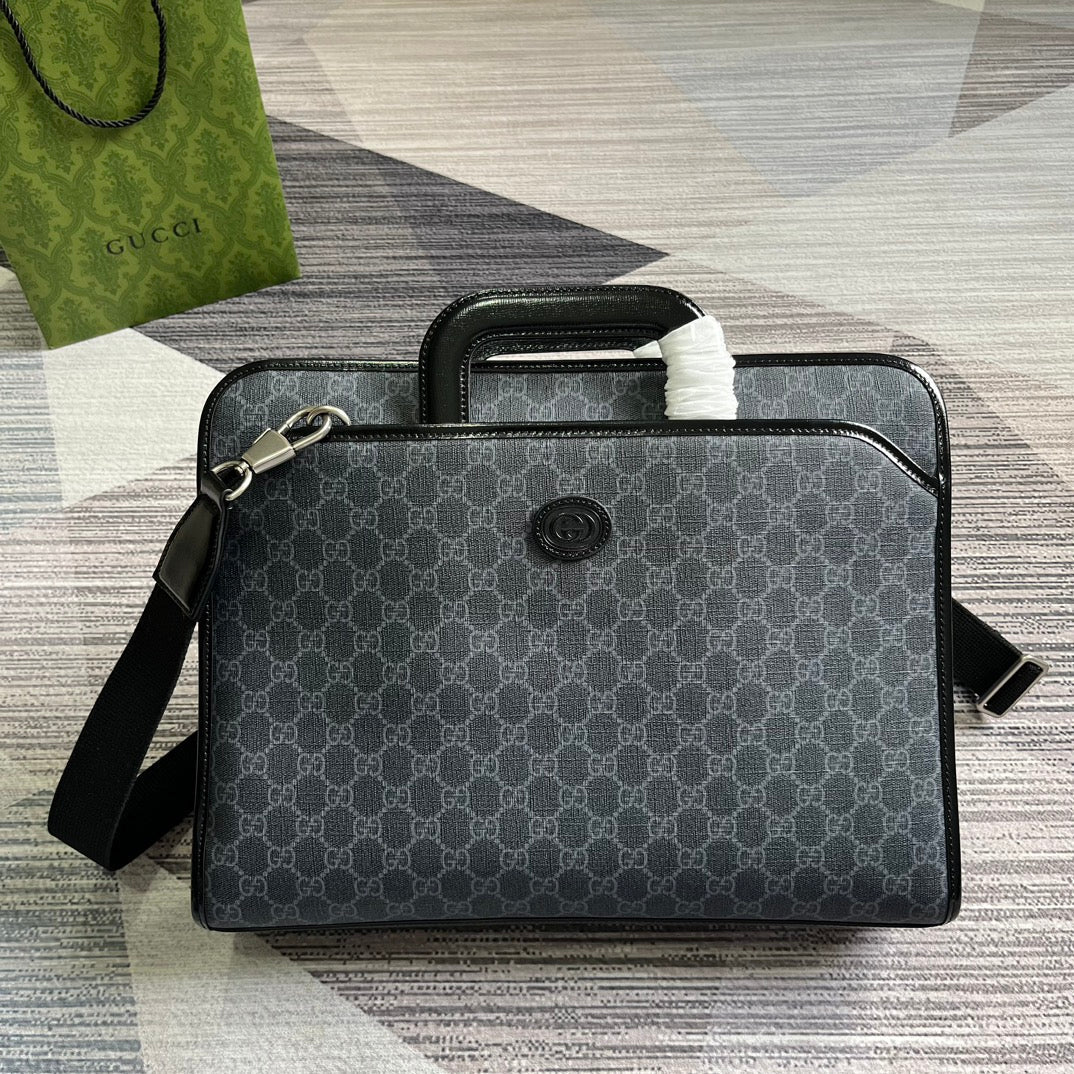 GUCCI BRIEFCASE 40 WITH INTERLOCKING G BLACK CANVAS