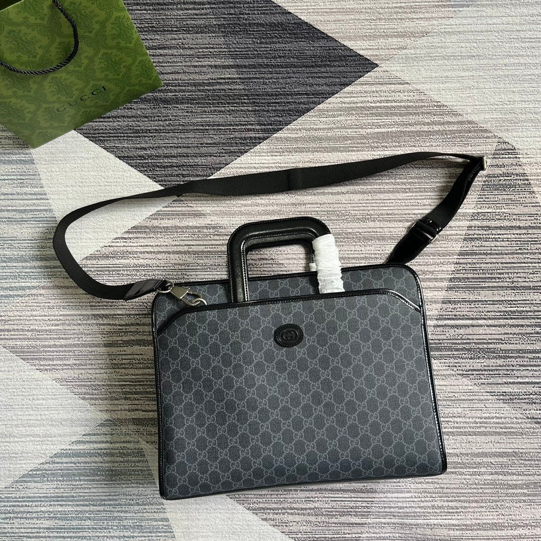 GUCCI BRIEFCASE 40 WITH INTERLOCKING G BLACK CANVAS