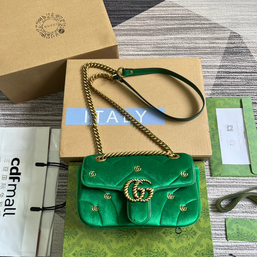 GUCCI MARMONT MINI 22 BAG IN COOL GREEN VELVET