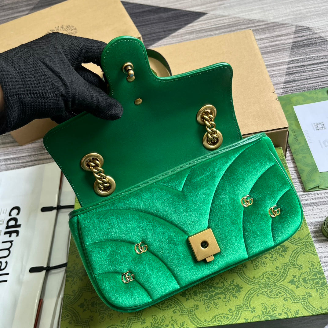 GUCCI MARMONT MINI 22 BAG IN COOL GREEN VELVET