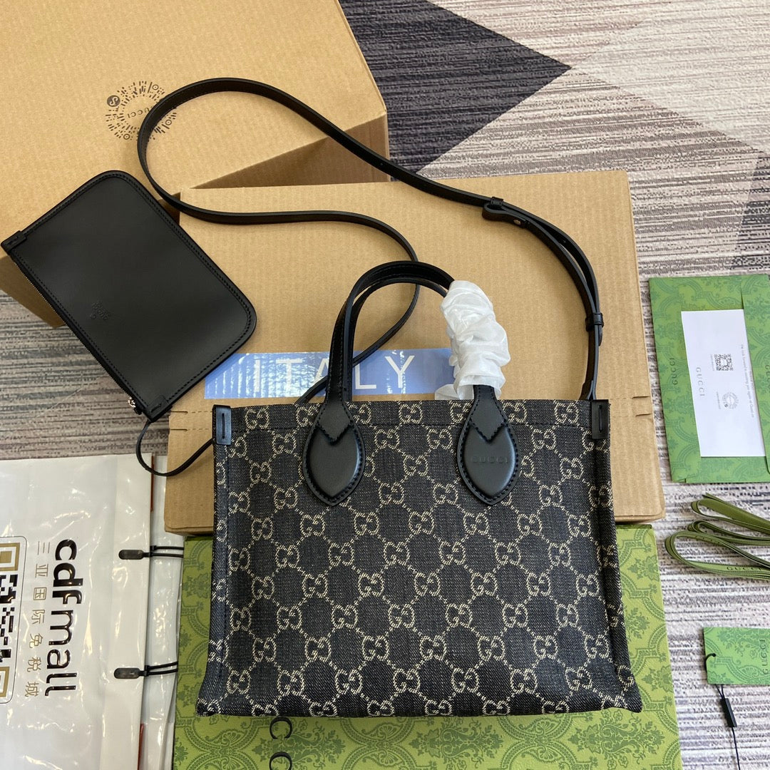 GUCCI OPHIDIA  27 MEDIUM TOTE BAG BLACK DENIM