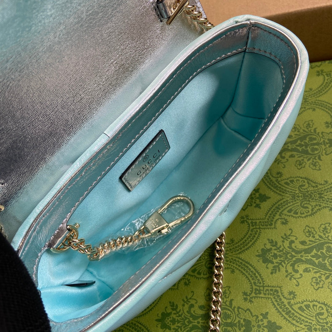 GUCCI MARMONT 16 MINI SHOULDER BAG BLUE IRIDESCENT CALFSKIN