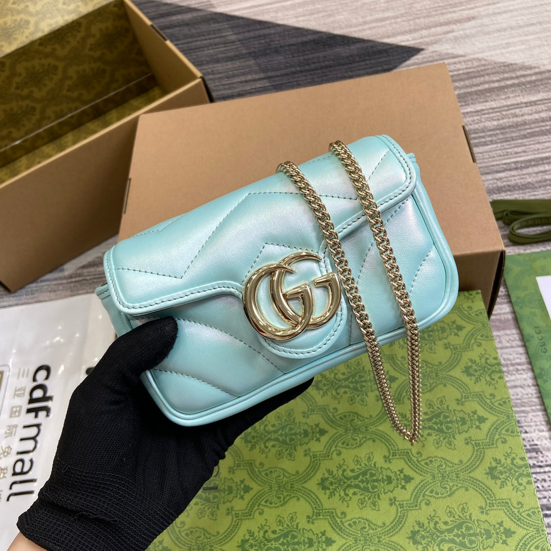 GUCCI MARMONT 16 MINI SHOULDER BAG BLUE IRIDESCENT CALFSKIN