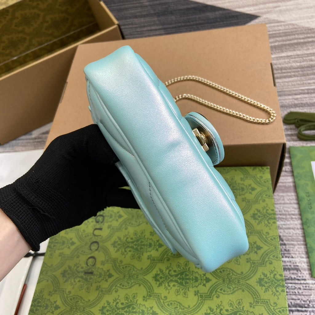 GUCCI MARMONT 16 MINI SHOULDER BAG BLUE IRIDESCENT CALFSKIN