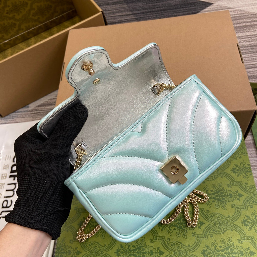GUCCI MARMONT 16 MINI SHOULDER BAG BLUE IRIDESCENT CALFSKIN