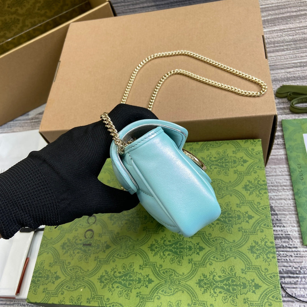 GUCCI MARMONT 16 MINI SHOULDER BAG BLUE IRIDESCENT CALFSKIN