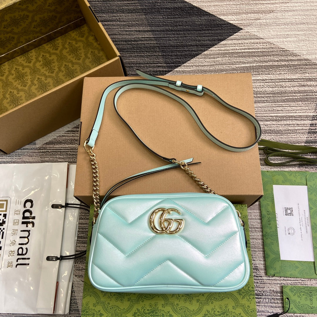 GUCCI MARMONT 24 SMALL MATELASSÉ SHOULDER BAG BLUE IRIDESCENT CALFSKIN