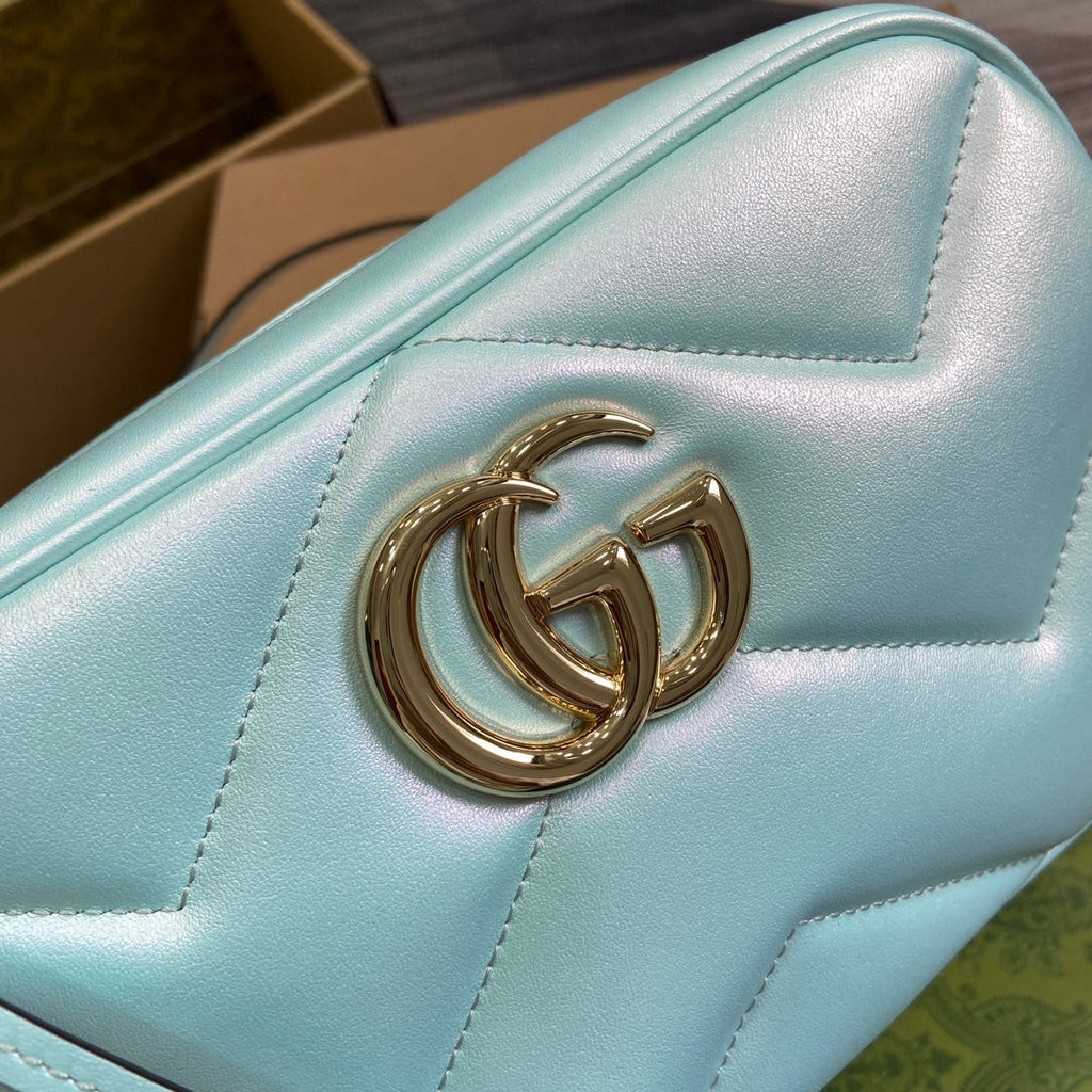 GUCCI MARMONT 24 SMALL MATELASSÉ SHOULDER BAG BLUE IRIDESCENT CALFSKIN