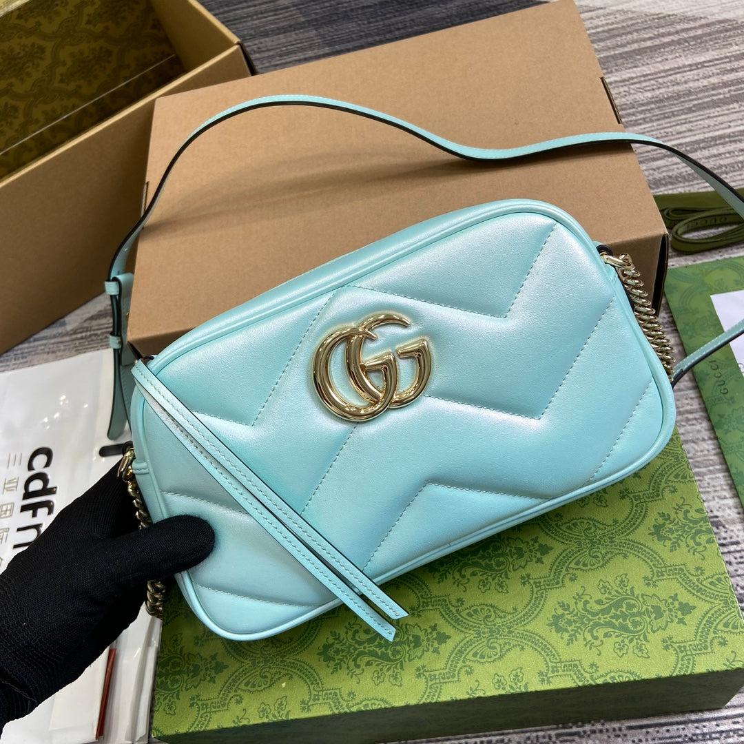 GUCCI MARMONT 24 SMALL MATELASSÉ SHOULDER BAG BLUE IRIDESCENT CALFSKIN