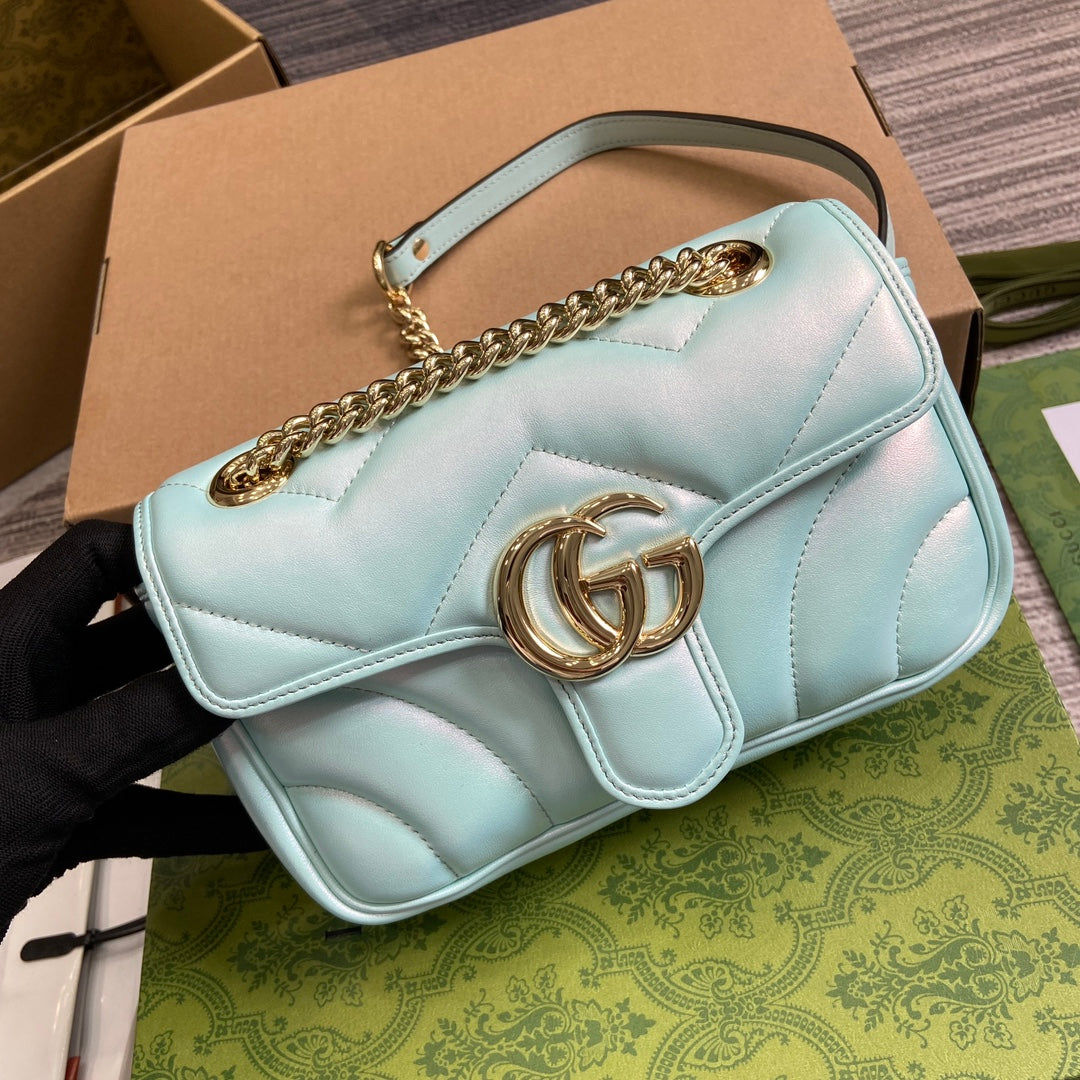 GUCCI MARMONT 23 SMALL SHOULDER BAG BLUE IRIDESCENT CALFSKIN