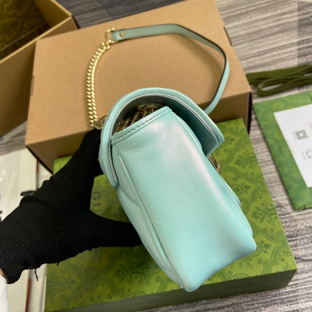 GUCCI MARMONT 23 SMALL SHOULDER BAG BLUE IRIDESCENT CALFSKIN
