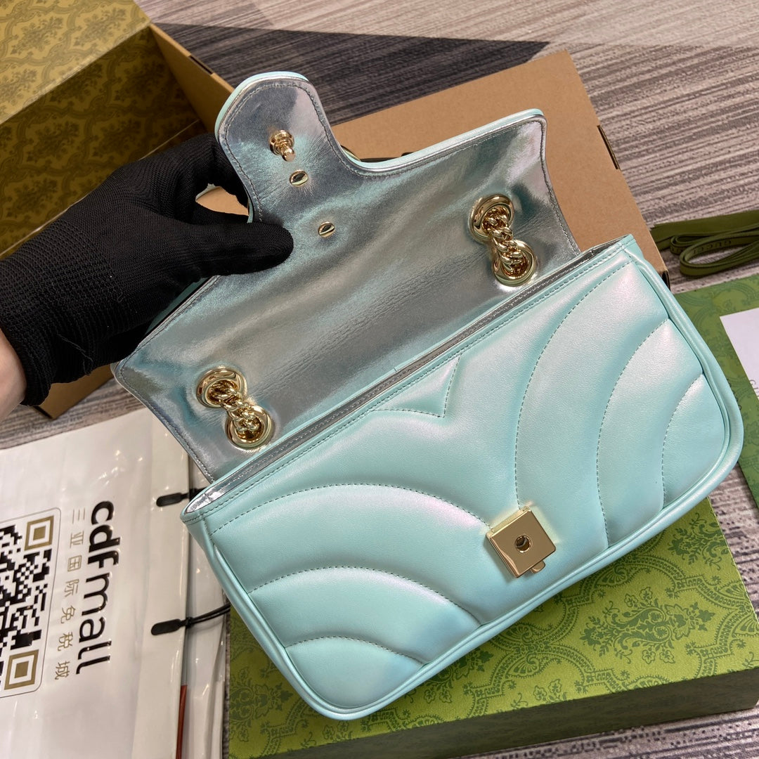 GUCCI MARMONT 26 MEDIUM SHOULDER BAG BLUE IRIDESCENT CALFSKIN