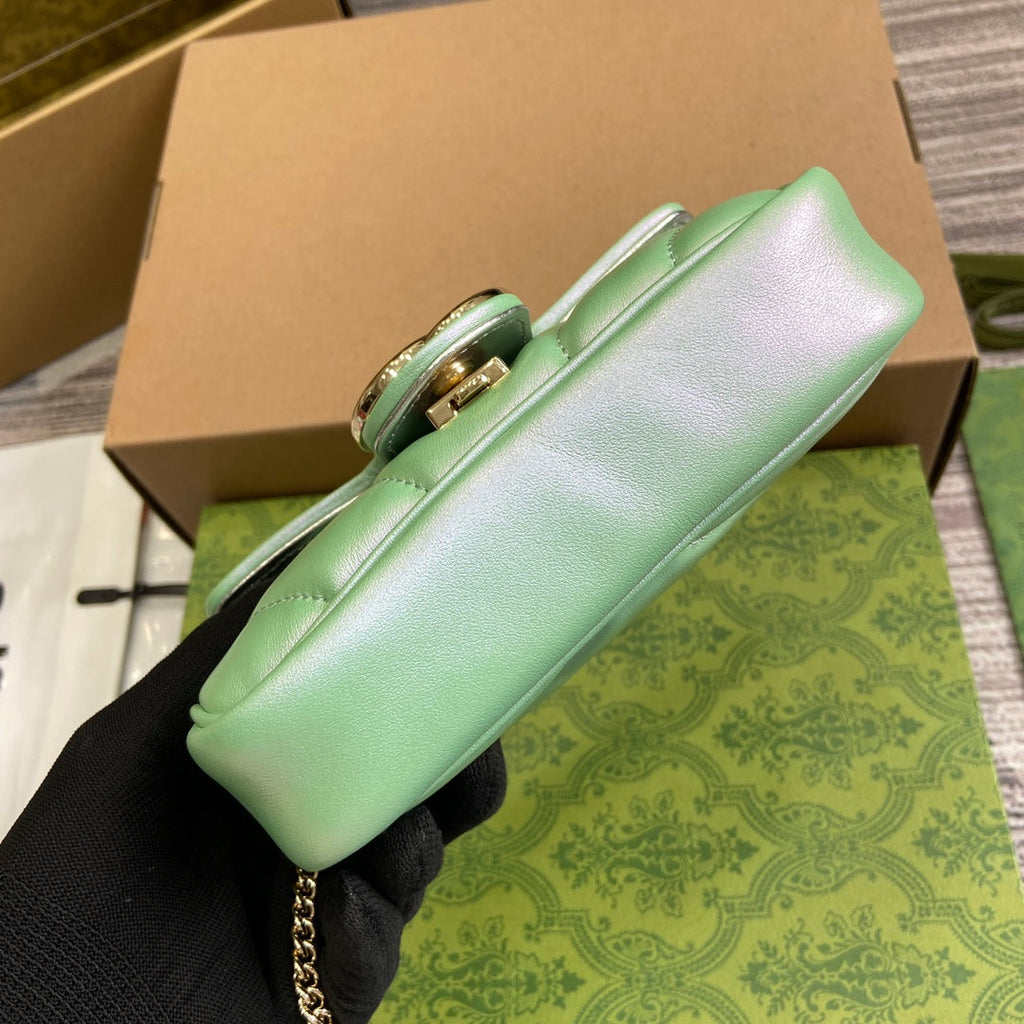 GUCCI MARMONT 16 MINI SHOULDER BAG GREEN IRIDESCENT CALFSKIN