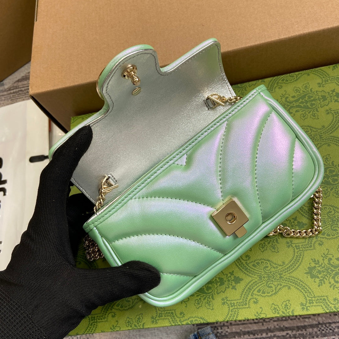GUCCI MARMONT 16 MINI SHOULDER BAG GREEN IRIDESCENT CALFSKIN