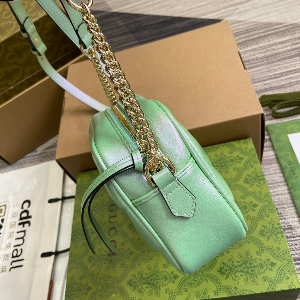 GUCCI MARMONT 24 SMALL MATELASSÉ SHOULDER BAG GREEN IRIDESCENT CALFSKIN