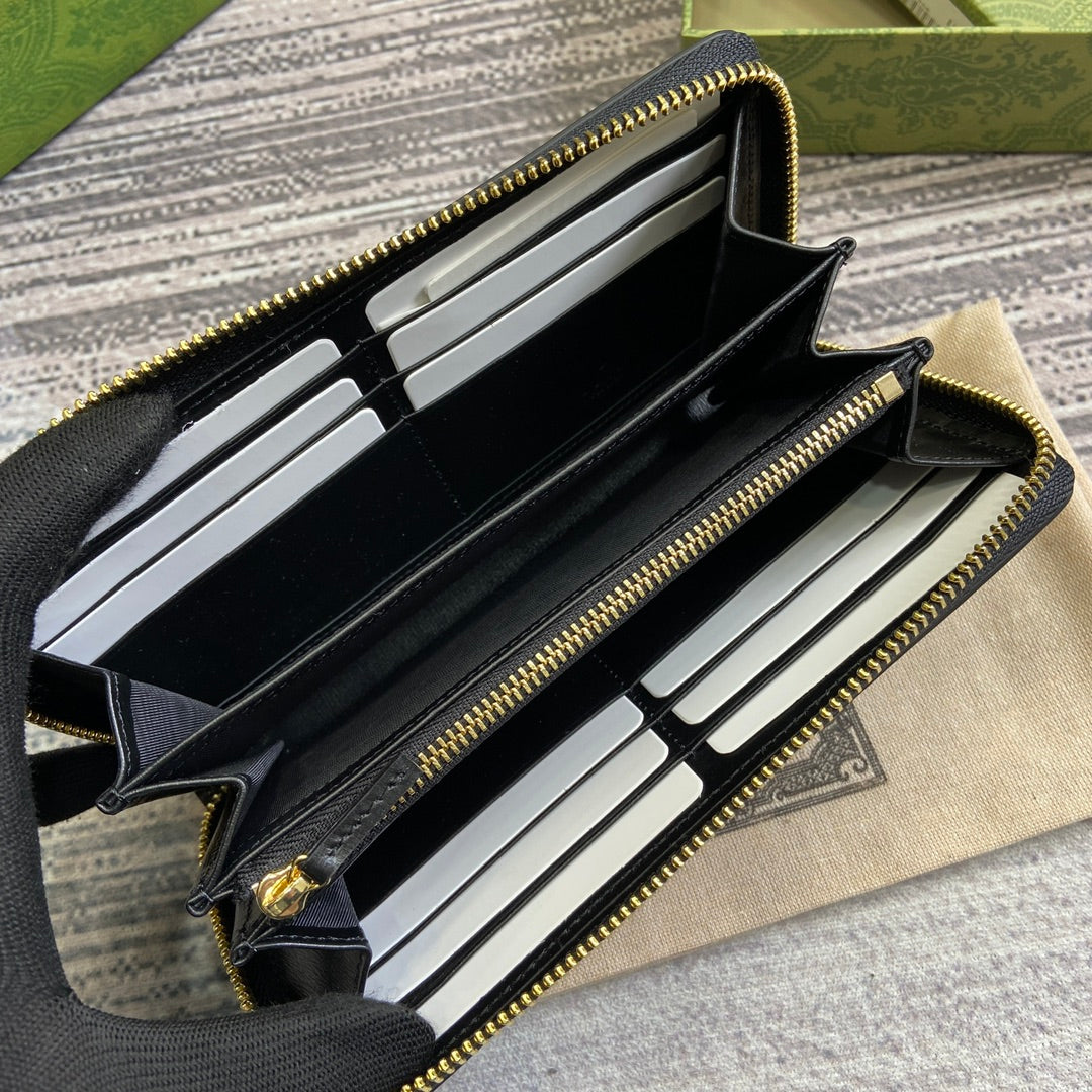 GUCCI ZIP AROUND WALLET 20 IN BLACK CALFSKIN GOLD HARDWARE