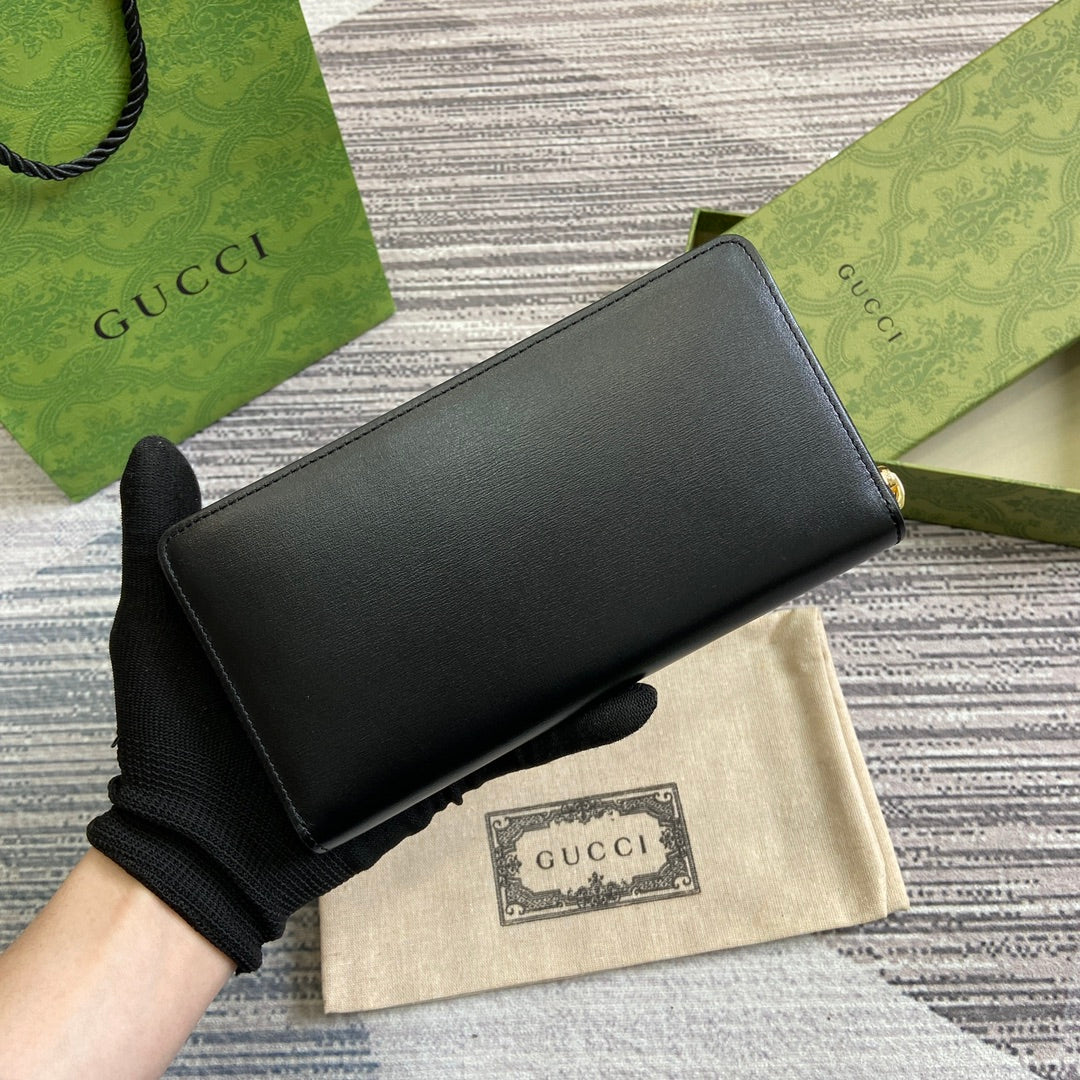 GUCCI ZIP AROUND WALLET 20 IN BLACK CALFSKIN GOLD HARDWARE