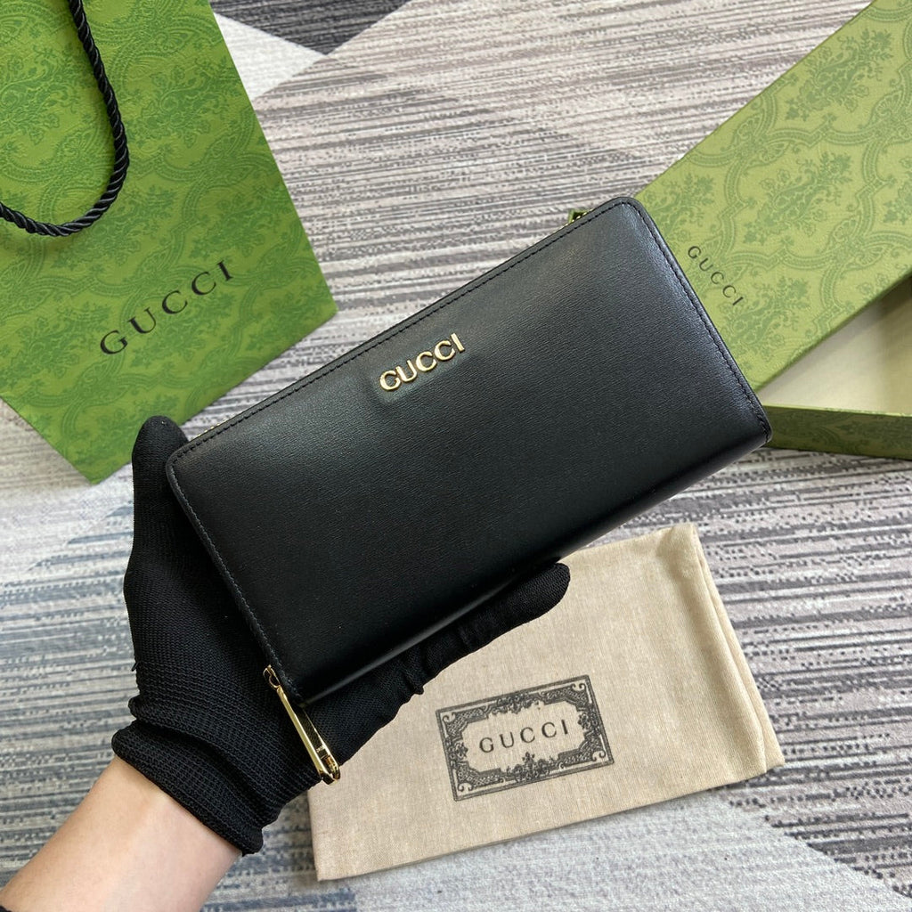 GUCCI ZIP AROUND WALLET 20 IN BLACK CALFSKIN GOLD HARDWARE